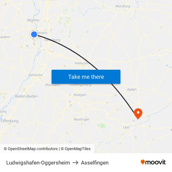 Ludwigshafen-Oggersheim to Asselfingen map