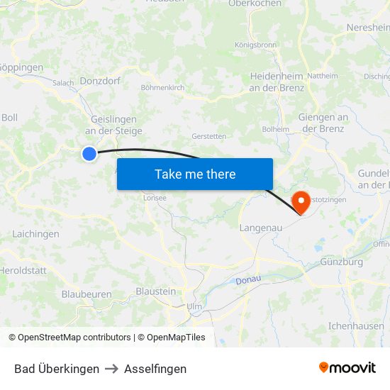 Bad Überkingen to Asselfingen map