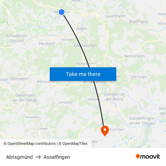 Abtsgmünd to Asselfingen map