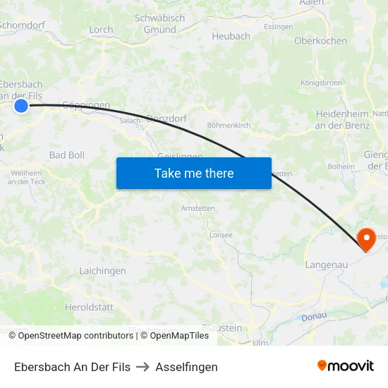 Ebersbach An Der Fils to Asselfingen map