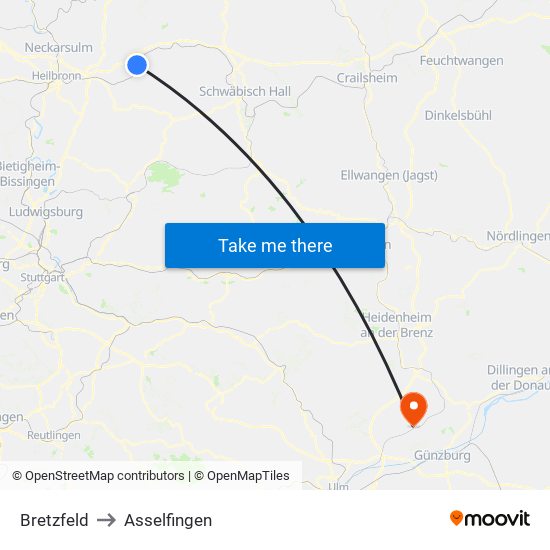 Bretzfeld to Asselfingen map