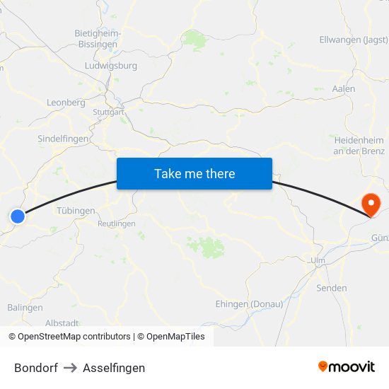 Bondorf to Asselfingen map