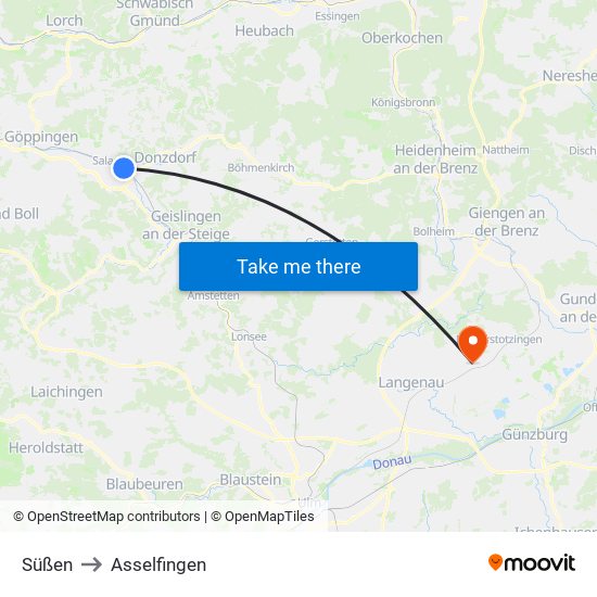 Süßen to Asselfingen map