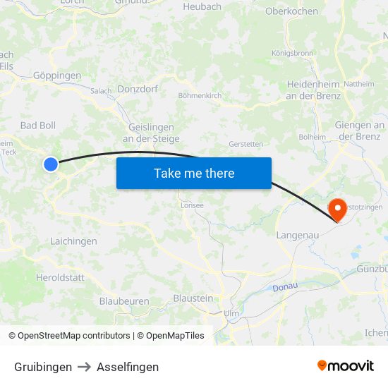 Gruibingen to Asselfingen map