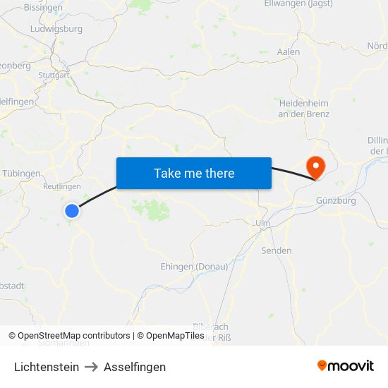 Lichtenstein to Asselfingen map