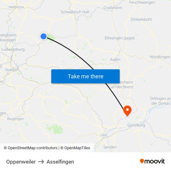 Oppenweiler to Asselfingen map