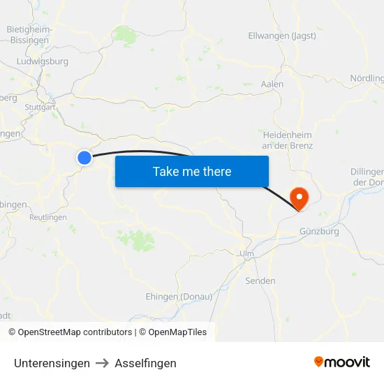 Unterensingen to Asselfingen map