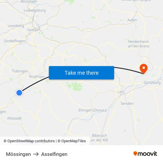 Mössingen to Asselfingen map