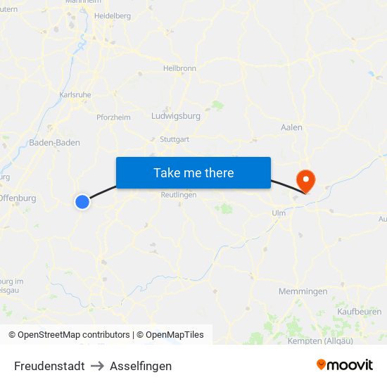 Freudenstadt to Asselfingen map