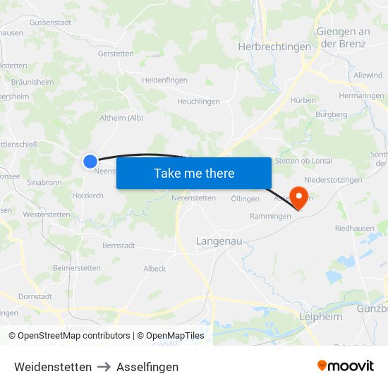 Weidenstetten to Asselfingen map