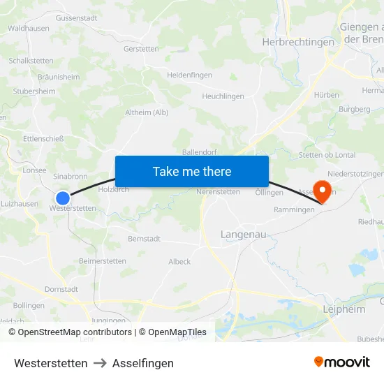 Westerstetten to Asselfingen map