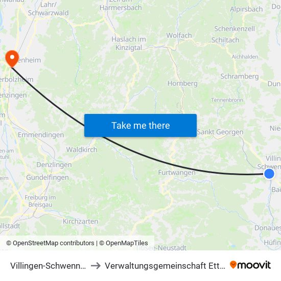 Villingen-Schwenningen to Verwaltungsgemeinschaft Ettenheim map