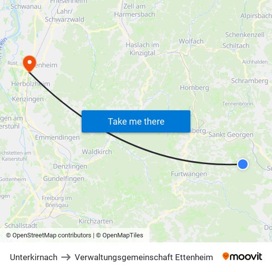 Unterkirnach to Verwaltungsgemeinschaft Ettenheim map