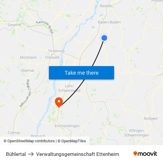 Bühlertal to Verwaltungsgemeinschaft Ettenheim map