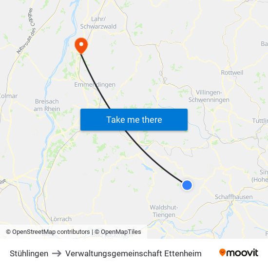 Stühlingen to Verwaltungsgemeinschaft Ettenheim map