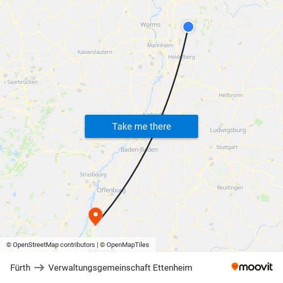 Fürth to Verwaltungsgemeinschaft Ettenheim map