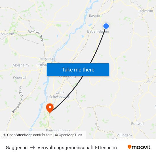 Gaggenau to Verwaltungsgemeinschaft Ettenheim map