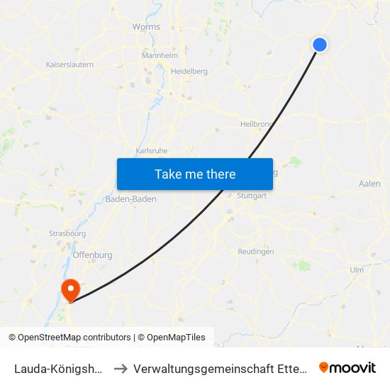 Lauda-Königshofen to Verwaltungsgemeinschaft Ettenheim map