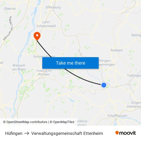 Hüfingen to Verwaltungsgemeinschaft Ettenheim map