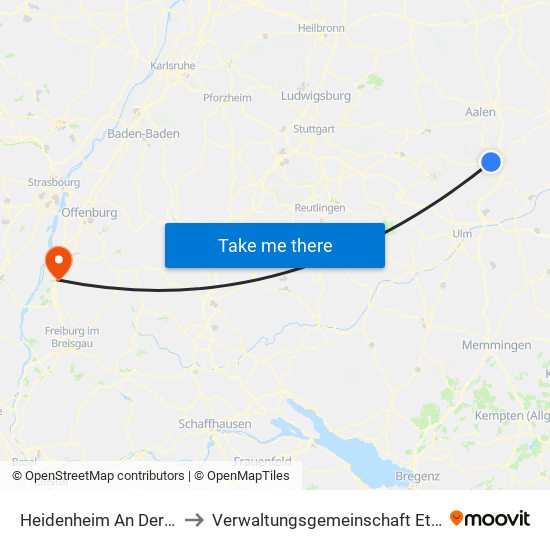 Heidenheim An Der Brenz to Verwaltungsgemeinschaft Ettenheim map