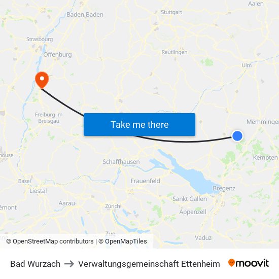 Bad Wurzach to Verwaltungsgemeinschaft Ettenheim map