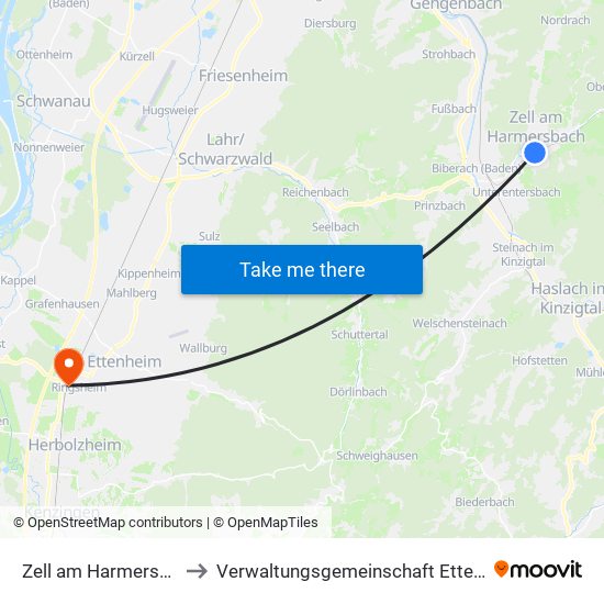 Zell am Harmersbach to Verwaltungsgemeinschaft Ettenheim map
