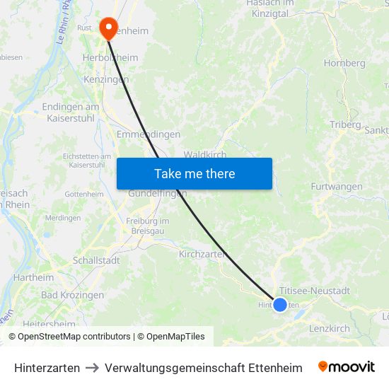 Hinterzarten to Verwaltungsgemeinschaft Ettenheim map