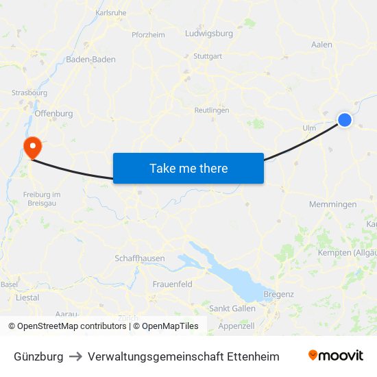 Günzburg to Verwaltungsgemeinschaft Ettenheim map