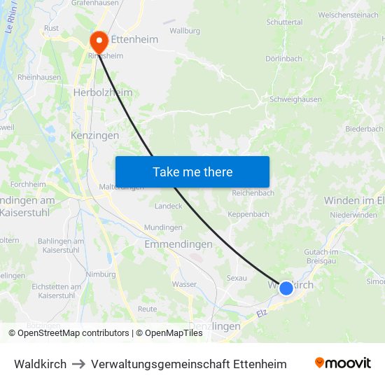 Waldkirch to Verwaltungsgemeinschaft Ettenheim map