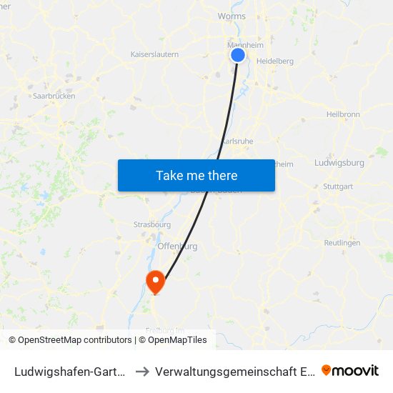 Ludwigshafen-Gartenstadt to Verwaltungsgemeinschaft Ettenheim map