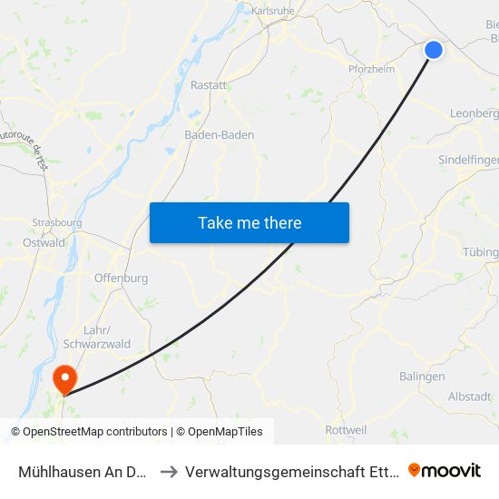 Mühlhausen An Der Enz to Verwaltungsgemeinschaft Ettenheim map