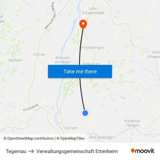 Tegernau to Verwaltungsgemeinschaft Ettenheim map