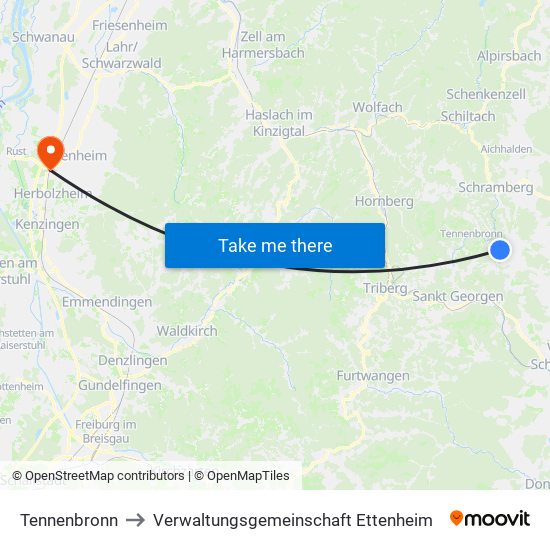 Tennenbronn to Verwaltungsgemeinschaft Ettenheim map