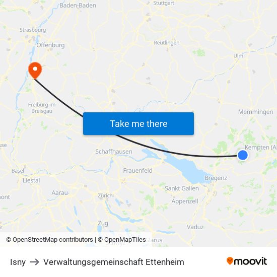 Isny to Verwaltungsgemeinschaft Ettenheim map