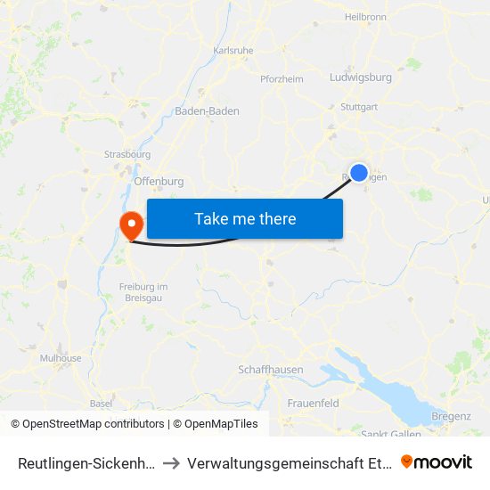 Reutlingen-Sickenhausen to Verwaltungsgemeinschaft Ettenheim map