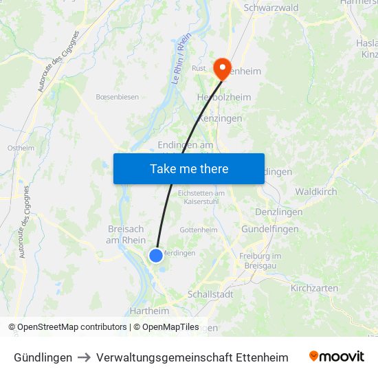 Gündlingen to Verwaltungsgemeinschaft Ettenheim map