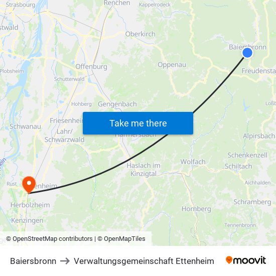 Baiersbronn to Verwaltungsgemeinschaft Ettenheim map