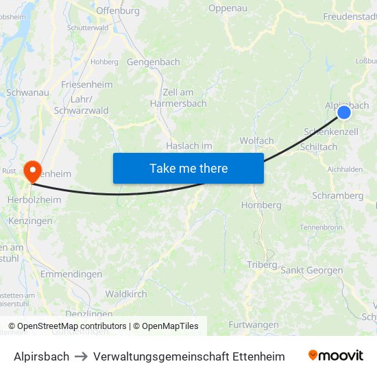 Alpirsbach to Verwaltungsgemeinschaft Ettenheim map