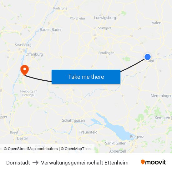 Dornstadt to Verwaltungsgemeinschaft Ettenheim map