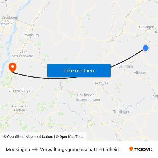 Mössingen to Verwaltungsgemeinschaft Ettenheim map