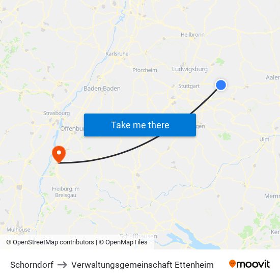 Schorndorf to Verwaltungsgemeinschaft Ettenheim map