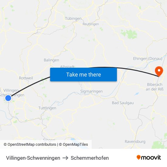 Villingen-Schwenningen to Schemmerhofen map