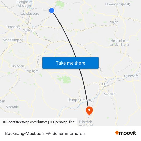 Backnang-Maubach to Schemmerhofen map
