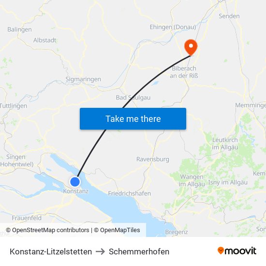 Konstanz-Litzelstetten to Schemmerhofen map