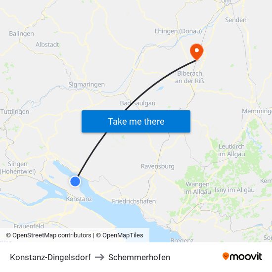 Konstanz-Dingelsdorf to Schemmerhofen map