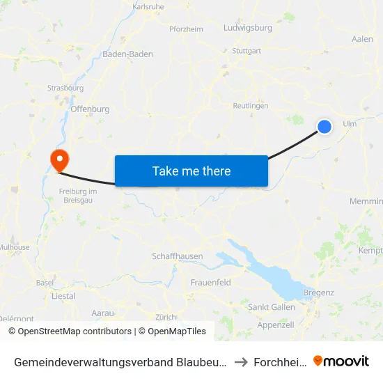 Gemeindeverwaltungsverband Blaubeuren to Forchheim map