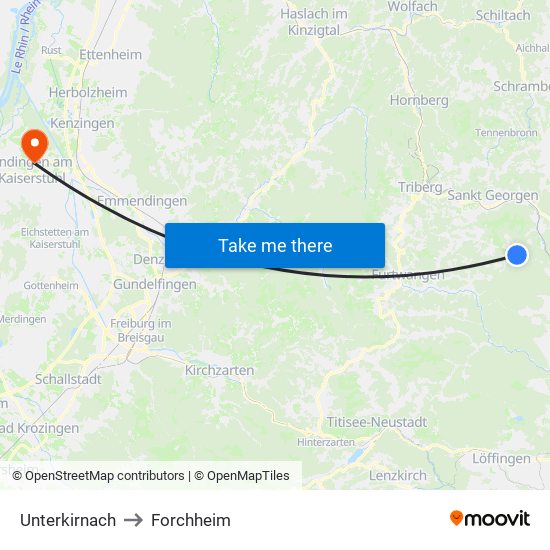 Unterkirnach to Forchheim map