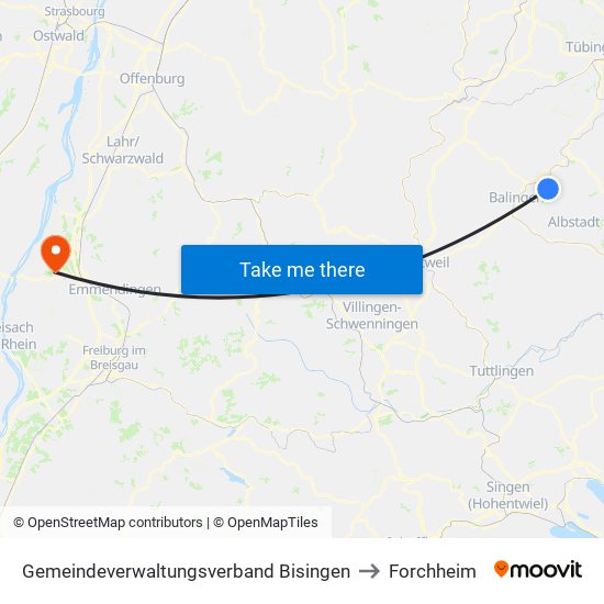 Gemeindeverwaltungsverband Bisingen to Forchheim map