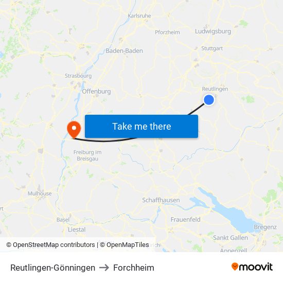 Reutlingen-Gönningen to Forchheim map