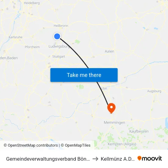 Gemeindeverwaltungsverband Bönnigheim to Kellmünz A.D.Iller map
